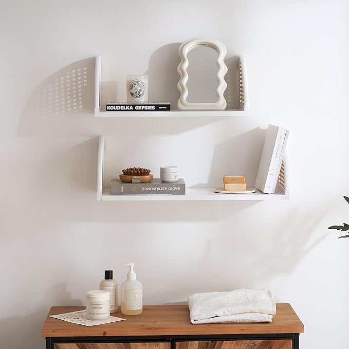 Floating Shelves,2 Set of Wall Mounted Shelf for Bathroom Decor, Bedroom, Living Room and Plants,Wood Floating Shelves for Wall Storage,24.8 * 7.68 inch,White