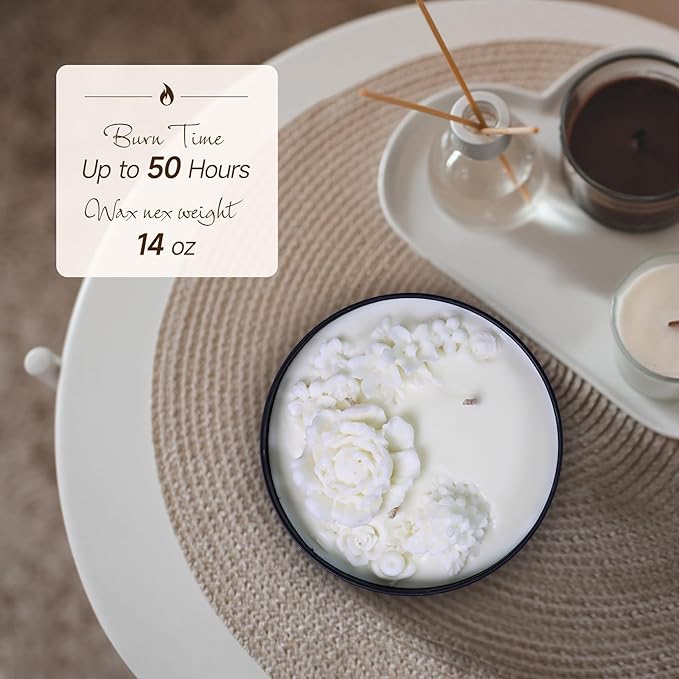Flowers Blooming Candle Set for Women Girls, Large Tin Candle 14oz weighted with 3 Wicks, Long Lasting Scented Candle Gift Set for Home Décor Indoor Outdoor, White