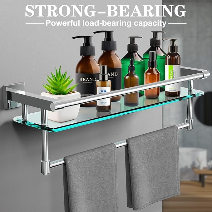 Bathroom Glass Shelf with Towel Rack Organizer Wall-Mounted Bathroom Storage SUS304 Stainless Steel Towel Bar/Track Wall-Mounted Tempered (Chrome Polished, 20-inch)