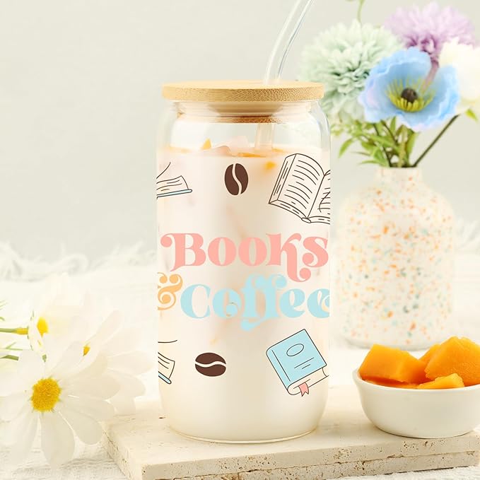 Book Lover Gift, Books & Coffee Glass Tumbler 16 oz, Gifts for Her, Bookish Gifts, Bookworm Club Gift, Secret Santa Present, College Birthday Reading Presents, Iced Coffee Glass with Lid and Straw