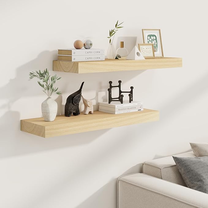 Fun Memories Deep Floating Shelves 30 Inch Long, Natural Wood Floating Shelf for Wall, Set of 2, Rustic 9 Inch Deep Wall Shelves, Deep Bathroom Shelves for Storage & Display, Natural Color