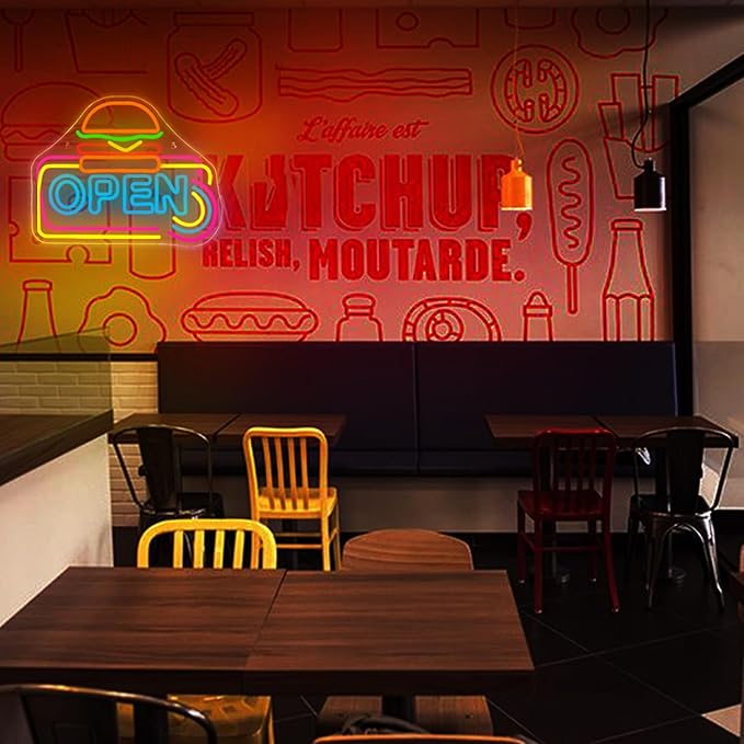 Lucunstar Hamburger Shop Open Neon Sign,Neon Sign for Wall Decor,USB Adjustable Brightness for Neon Lights for Hamburger Shop Led Business Sign Suitable for Fast Food shops Party Led Art Wall Hanging
