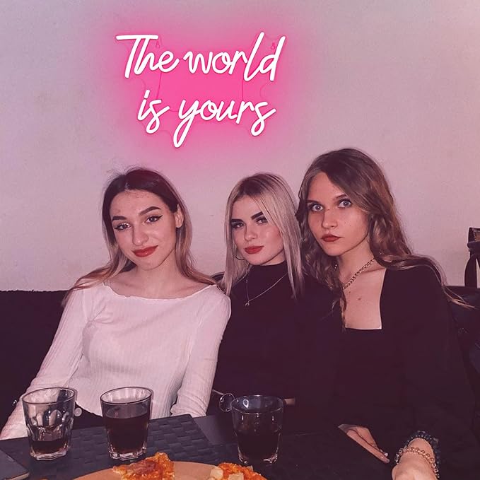 The World is Yours Neon Sign, Dimmable Word Lights for Wall Decor, Pink LED Neon Signs, World Neon Light up Sign for Bedroom Office Graduation Party Girl Room Birthday Present Engagement Valentine