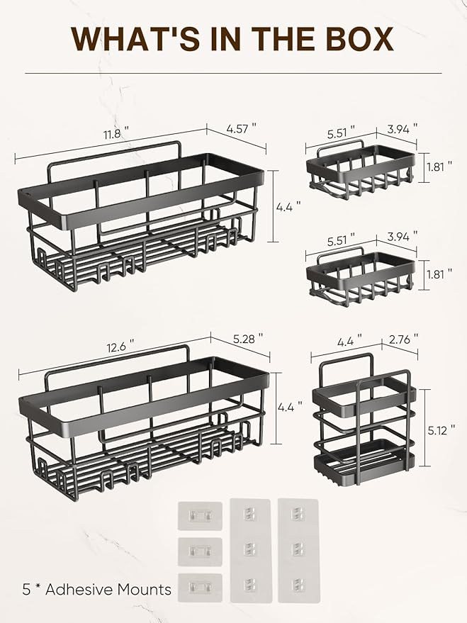 Cobbe Adhesive Shower Caddy 5-Pack, Large Wall Mounted Shower Shelves Rack, Organizer Storage Accessories with Soap Dish&Toothbrush Holder, Shelves for Bathroom Storage & Home Kitchen Decor, Gray
