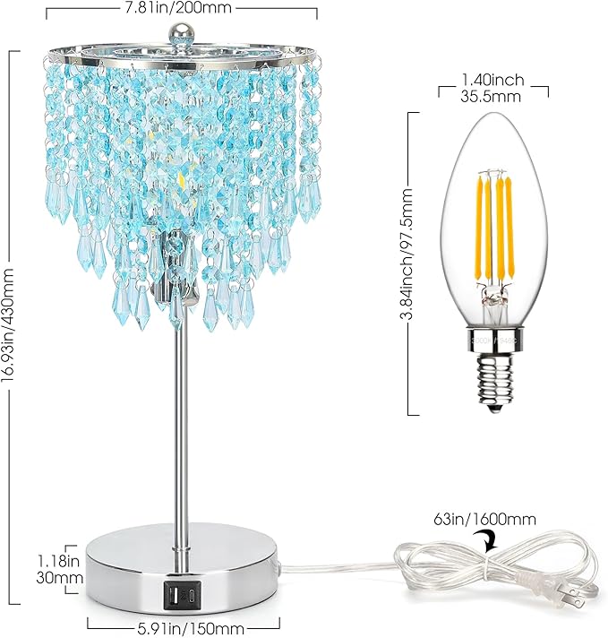 Touch Control Crystal Table Lamp, Dual USB Bedside Lamps for Bedroom, 3-Way Dimmable Nightstand Lamp with Elegant Teal Shade for Living Room, Girls Room, Office, B11 6W LED Bulb Included