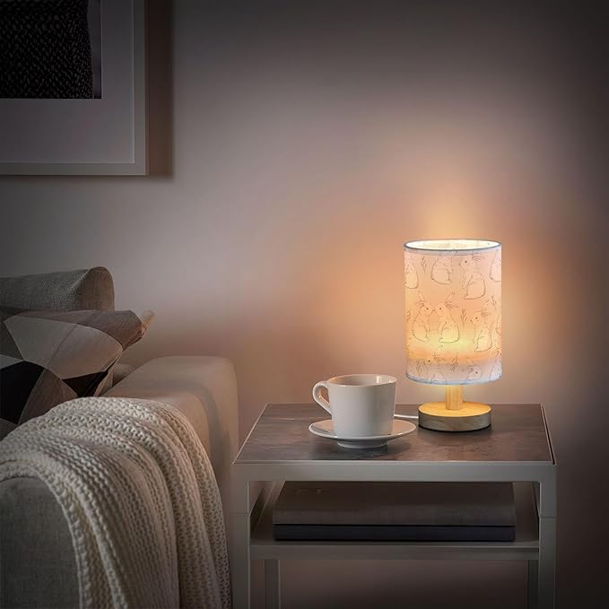 Table Lamp White Bunny Rabbits Pattern Nightstand Lamp with Wood Base Fabric Lamp Shade Bedside Desk Lamp for Living Room Bedroom Kids Room Office