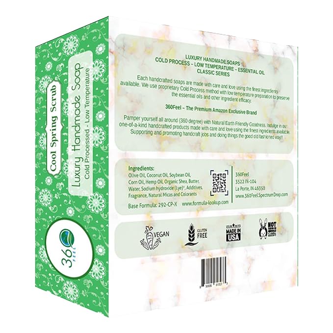 360Feel Cool Spring Scrub Soap - Handcrafted Castile Natural Soap Bar with Soothing Scent - Handmade with Essential Oils - Ideal Gift for Anniversaries, Weddings and Stockings - Rich Lather - 5 Ounce