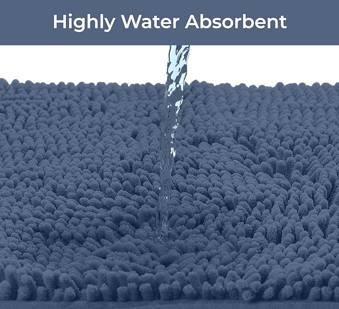 Bathroom Rugs Sets 2 Piece, Luxury Chenille Bath Mat Set, Soft Plush Anti-Slip Bath Rug + U-Shaped Toilet Mat. Microfiber Shaggy Carpet, Super Absorbent (24” x 36” & 20” x 24” U, Medium Blue)