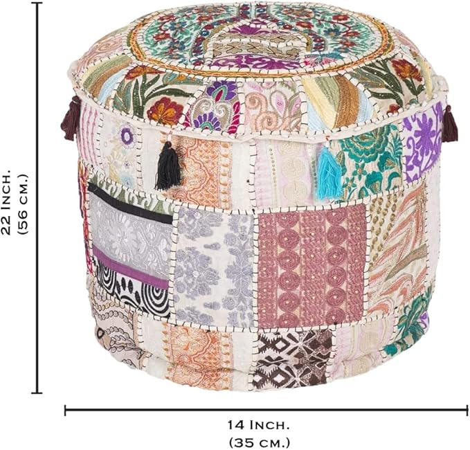 Aakriti Gallery Indian Pouf Footstool Ethnic Embroidered Pouf Cover, Indian Cotton Round Pouffe Ottoman Pouf Cover Pillow Ethnic Decor Art - Cover Only (White, 22x14)
