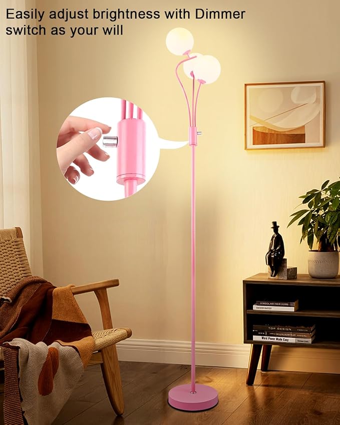 Lightdot Pink Floor Lamp for Girls Room Stepless Dimmable Globe Standing Lamp with 3Pcs 3000K G9 Bulbs Modern Design & Stable Base Mid Century Floor Lamps for Living Room/Bedroon