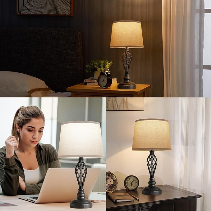 PARTPHONER Set of 2 Table Lamps with USB Port, Farmhouse Bedside Lamps with 3-Color Temperature, Nightstand Lamp Large Cream Drum Shade Spiral Cage Base Desk Lamps for Living Room, Home Bedroom