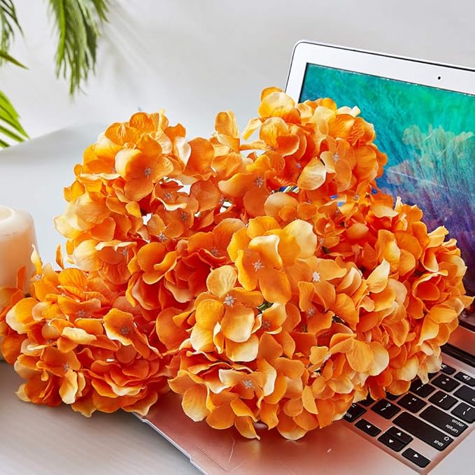 Orange Hydrangea Silk Flower 10 Heads Artificial Hydrangea Silk Flowers for Wedding Centerpieces Bouquets DIY Floral Decor Home Decoration with Long Stems
