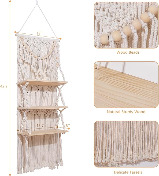 Macrame Wall Hanging Shelf for Wall Decor 3 Tiers Handmade Boho Wall Floating Shelf Hanging Plant Hanger Organizer with Wood Beads for Aesthetic Bedroom Living Room Decor