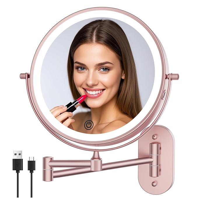 FUNTOUCH Rechargeable Wall Mounted Lighted Makeup Vanity Mirror 8 Inch Double Sided 1X 10X Magnifying Bathroom Mirror, 3 Color Lighting, Touch Dimming, Extended Arm 360° Light up Mirror