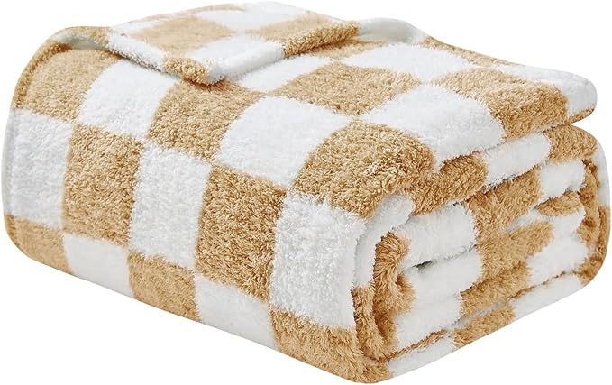 EMME Checkered Blanket Twin Size - 60"x80" Beige Knit Blanket Soft Fluffy Patterned Throw Blankets for Couch, Sofa, Chair, Bed, Camping, Picnic, Travel