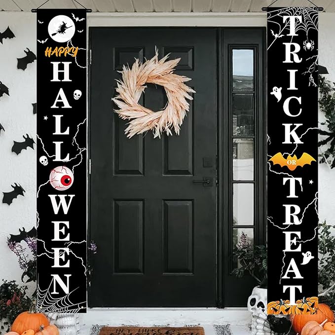 Halloween Door Decorations Outdoor Trick or Treat Banners Halloween Hanging Welcome Signs for Front Porch Yard Garland Garden Party Supplies Indoor Witch Wall Decor