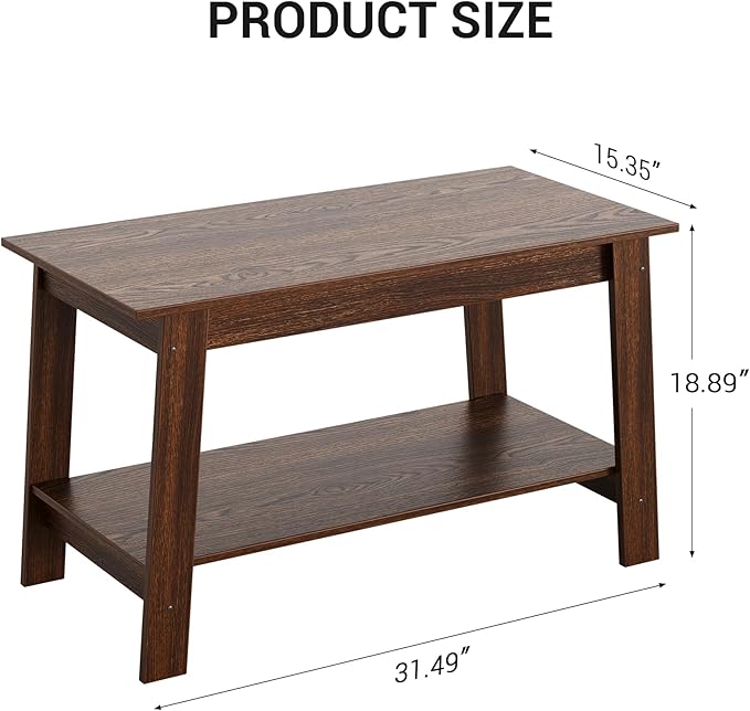 2-Tie Coffee Table, Rustic Wood Living Room Tables with Open Rectangular Storage Compartment, Coffee Tables for Living Room, Outdoors, Home Office, Bedroom, Walnut