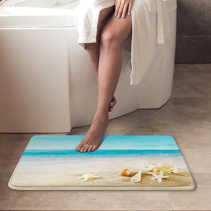 Britimes Bath Mat for Bathroom, Blue Beach Starfish Sea Washable Cover Floor Rug Carpets Floor Mat Bathroom Decorations 18x30 Inches for Kitchen Bedroom Indoor
