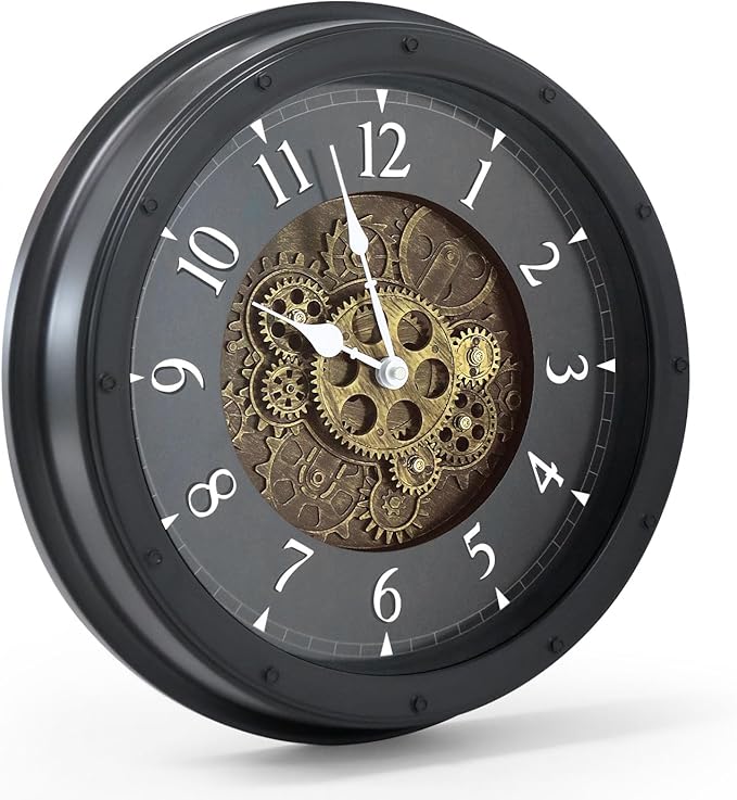 Wall Clock with Moving Gears, Vintage Industrial 16-Inch Silent Non-Ticking Steampunk Timepiece, Retro Frame Analog Battery Operated Rustic Mechanical Decor for Living Room, Home, Office, Loft (Black)