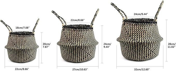 Woven Seagrass Belly Basket for Storage, Plants, Laundry, Picnic and Groceries (Medium, Black Strips)
