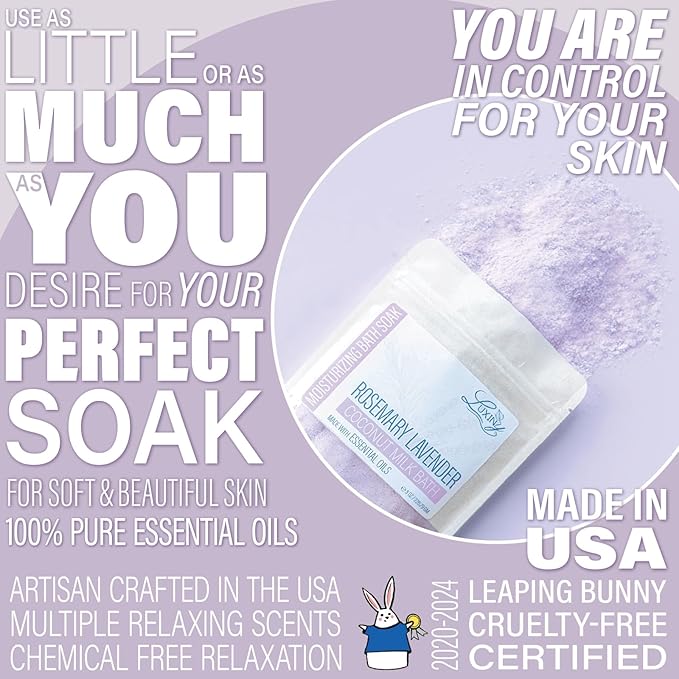 Vegan Milk Bath Soak Made with Moisturizing Coconut Milk Powder, Essential Oil, & Sweet Almond Oil for a Bath Bomb Dust Soothing Fizz & Relaxing Soak, 8 oz. (Rosemary Lavender)