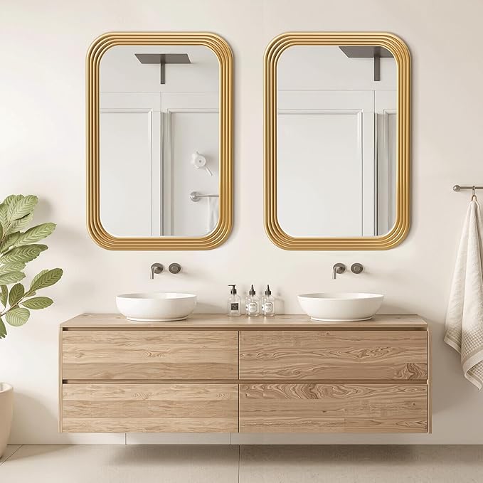 40x28 Inch Rectangle Wall Mirror with Wood Frame,Glod Rounded Corners,Wall Mounted for Bathroom Vanity,Living Room,Bedroom,Entryway