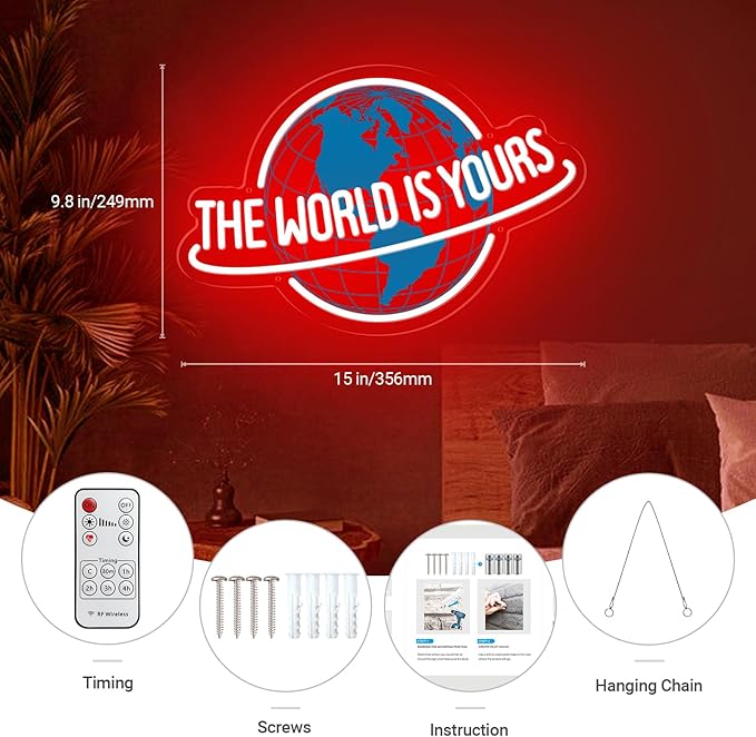 The World is Yours Neon Sign, Remote Dimmer Planet LED Neon Light Lamp for Wall Decor, USB Power for Man Cave Home Bar Bistro Club Cafe Wedding Game Room Bedroom Birthday Gift Graduation Party (Red)