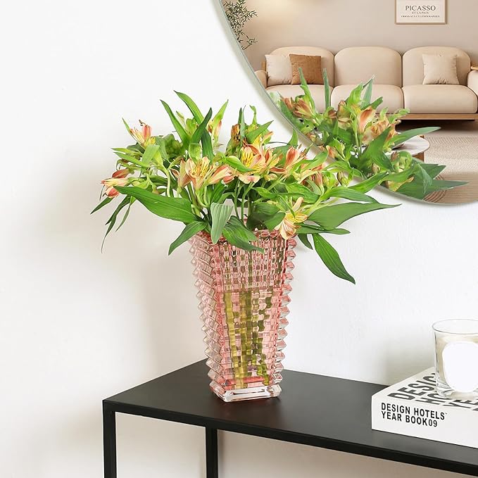 MCMCNCUIU Crystal Vase, Large Crystal Vases for Flowers, Large Flower Vase, Modern Pink Vases for Living Room, Bedroom, Kitchen, Dining Table, Mantle, Wedding, 9 Inches