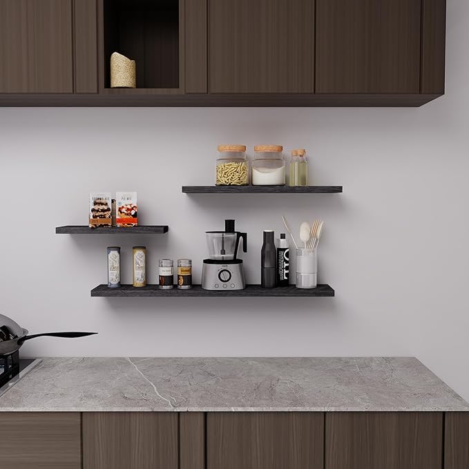Floating Shelves 24 Inch Wall Shelf Solid Wood Mounted Storage for Bedroom Living Room Set of 3, Black Wall Shelves