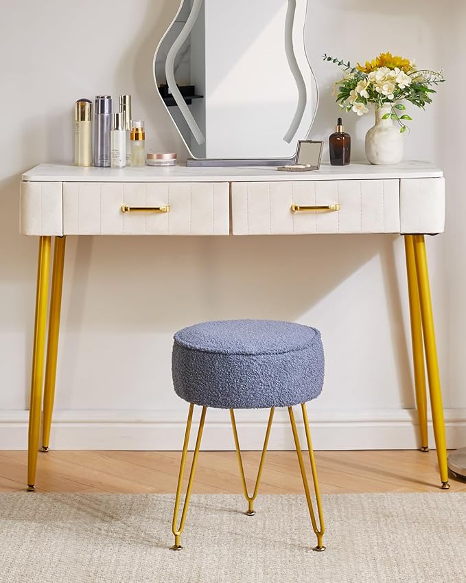 IBUYKE Teddy Velvet Round Footrest Stool Ottoman, Makeup Vanity Stool Side Table, Velvet Dressing Table Seat, Pouf Couch Stool, for Living Room Bedroom, Gray Blue WBD009BU
