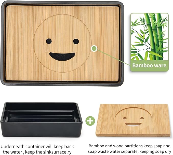 Bamboo Soap Dishes for Shower Wooden Soap Bar Holder for Bathroom Soap Tray Easy to Clean, Durable and with Non-Slip Pads(Two Black Smiley Faces)