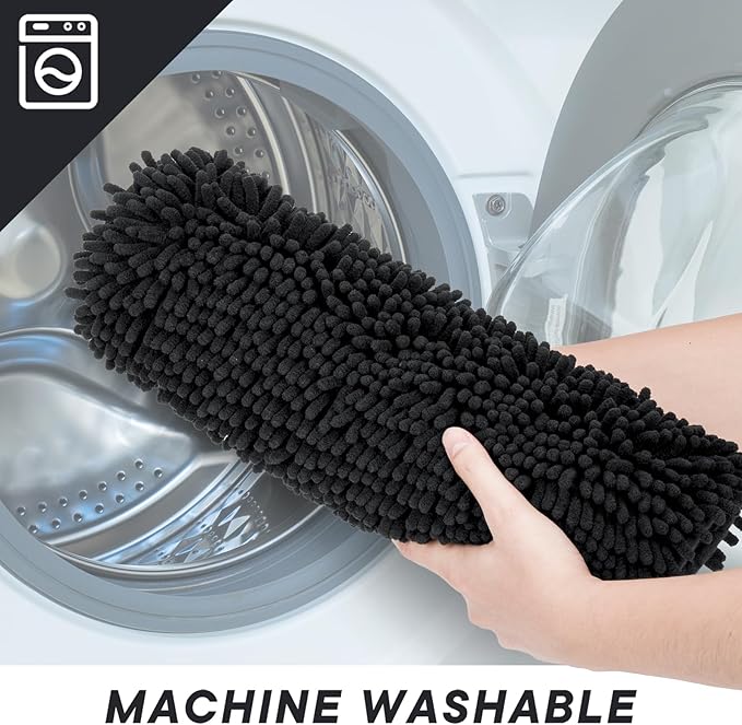Bathroom Rugs 2 Pieces Chenille Bath Rug Mat, Extra Thick and Soft Absorbent Bath Rugs, Machine Washable, Non-Slip Plush Bath Mats for Tub, Shower, and Bath Room (Black, 32"x20"+24"x16")