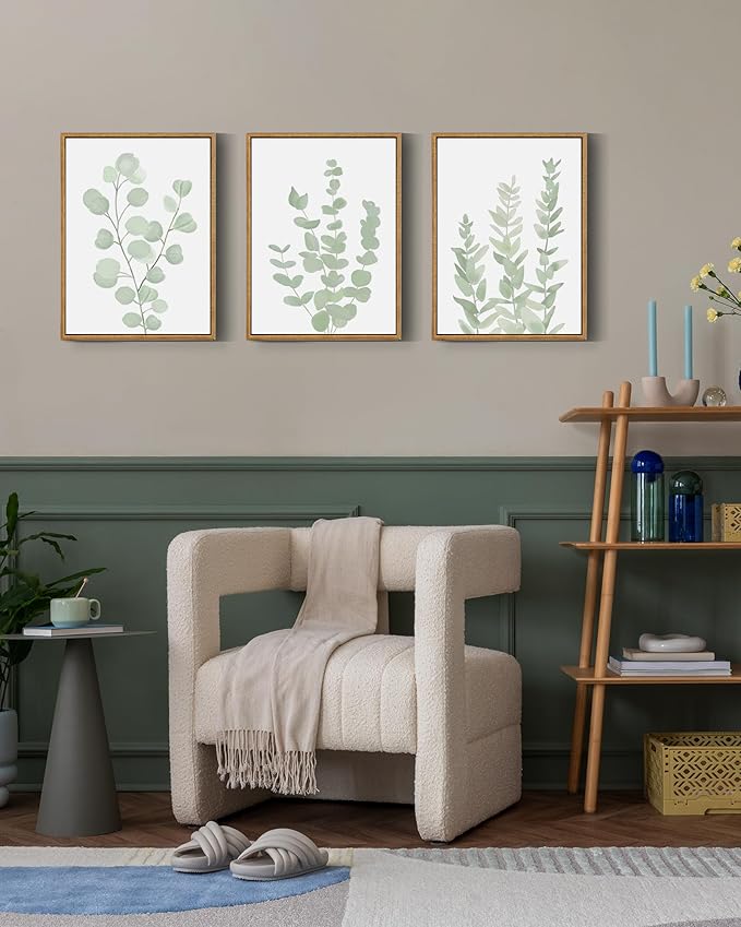 Drsoum Framed Botanical Plant Canvas Wood Wall Art Light Green Sage Wall Decor Eucalyptus Leaf Picture for Bedroom Living Room Bathroom Office 12βx 16β x 3pcs