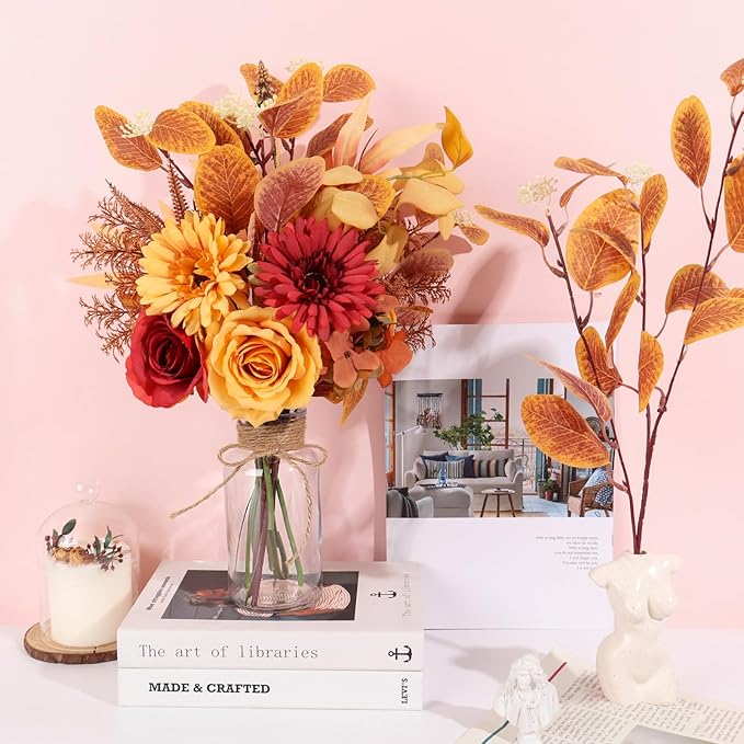 Artificial Fall Flowers for Decoration, Fall Fake Flowers in Vase Faux Silk Flower Arrangements Room Office Wedding Home Decor Indoor Tables Centerpieces Autumn Flowers Decor (Fall Flowers)