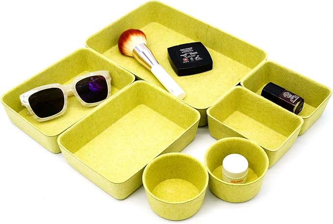 Welaxy Drawer organizers tray Felt storage bins office Desk dividers Morandi Colors Shallow Box 7-Piece round (Linden green)