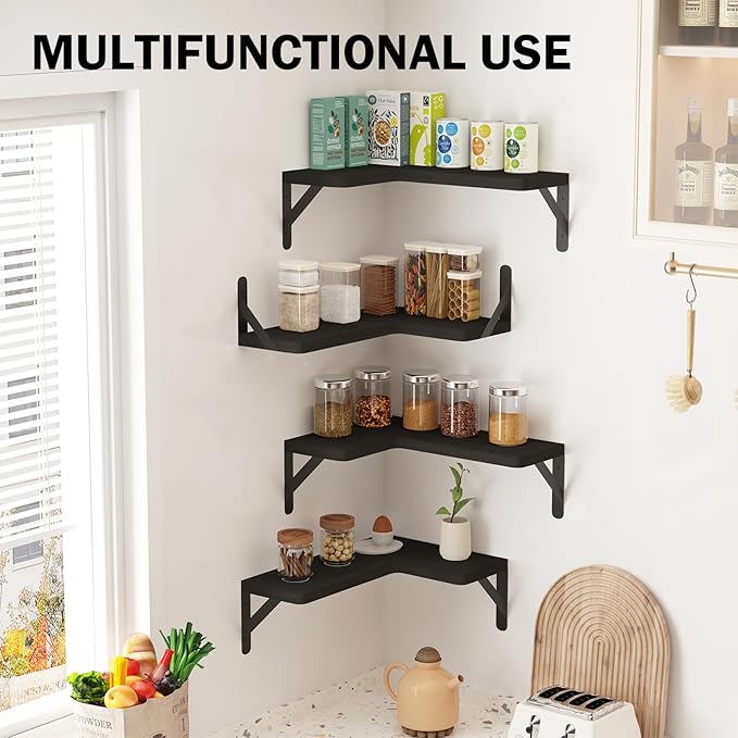 Muzilife Corner Floating Shelves Wooden Floating Shelve Set of 4, Wall Mounted for Storage, L-Shaped Shelves for Wall Decor Wall Organizer for Bedroom, Bathroom, Kitchen, Living Room and Office, Black