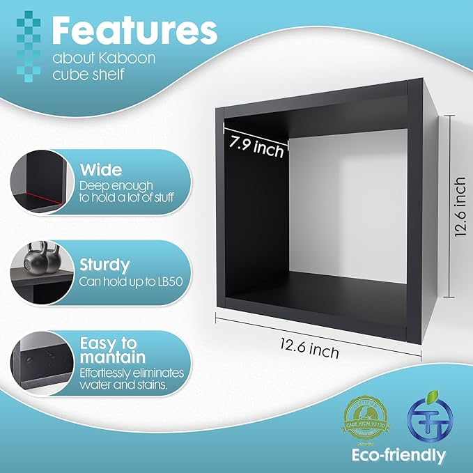Kaboon Cube Shelves Set2, Black Display Shelves Wall Mount 7.75" D x 12.5" W x 12.5" H, (Black, Square 2 Cubes)