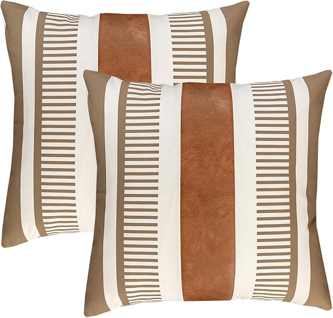 Set of 2 Farmhouse Striped Pillow Cover 22x22 for Living Room Bedroom Square Decorative Pillow Case for Sofa Couch Bed,Modern Faux Leather Accent Cushion Cover Boho Home Decor