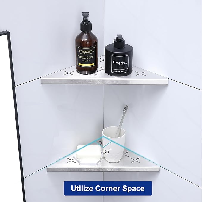 10" Corner Shower Shelf, 2-Pack Shower Shelves SUS304 Stainless Steel Bathroom Shelves for Tile Walls, Recessed Corner Shelf Organizer Rack, No Drilling (Brushed)
