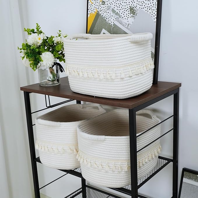 TeoKJ White Cotton Ropen Baskets for Storage, Set of 3 Woven Clothes Basket for Organizing and Storage, Blanket Basket for Living Room Laundry Bathroom Shelves