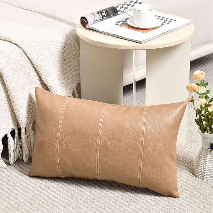 Fancy Homi 2 Packs Tan Long Lumbar Faux Leather Decorative Throw Pillow Covers 12x24 Inch for Outdoor Couch Bed, Beige Hand Stitched Cushion Case 30x60 cm, Taupe Modern Farmhouse Home Decor