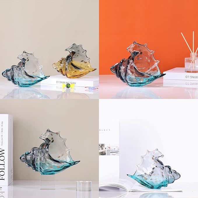 DOVDOV Hand Blown Glass Conch Statue, Gray Glass Art Figurine, Conch Shell Coastal Home Decor, Living Room TV Stand and Bookcase Decor, Bathroom Shelf top and Cabinet Decor.