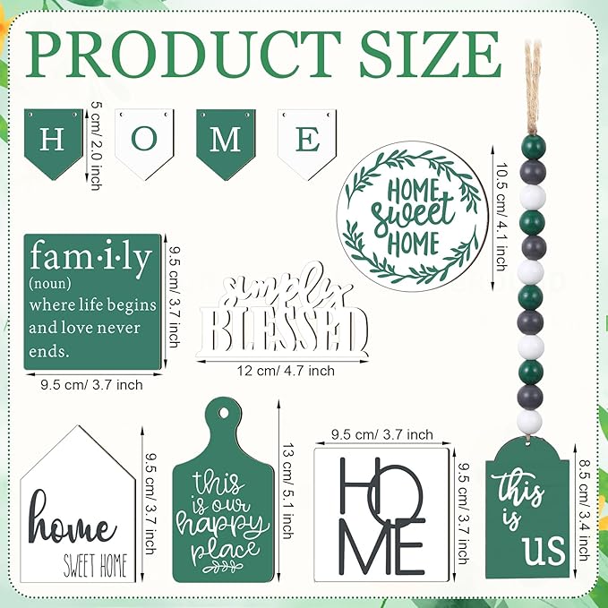 Set of 11 Spring Farmhouse Tiered Tray Decor Rustic Spring Home Tiered Decorations Set Home Wooden Signs Green Farmhouse Tabletop Wood Trays for Decorative Trays