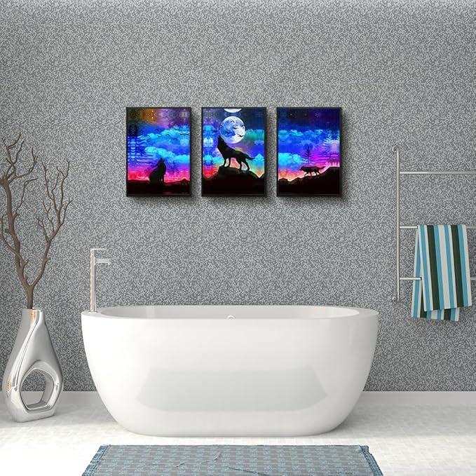 TTHYUEWS Black Framed Canvas Wall Art For Living Room Home Wall Decor For Bedroom Office Decor Wolf Landscape Wall Pictures Prints Artwork Blue Starry Sky Wall Painting Room Wall Decoration 3 Piece