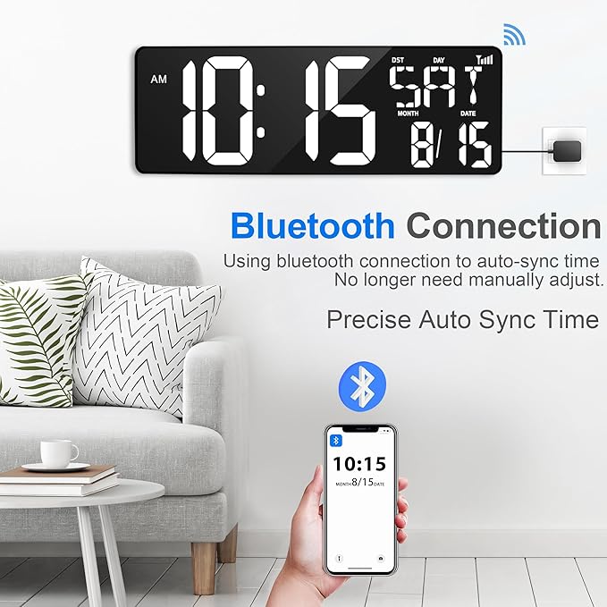 XREXS 17.2" Digital Wall Clock with Remote Control, Bluetooth Sync Time LED Digital Clock for Living Room Decor, Auto DST, Temperature for Living Room, Gift for Elderly and Teens