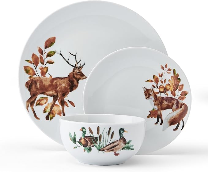 Studio Nova Woodland Wonders Lodge 12 Piece Dinnerware Plate Bowl Set, Service for 4