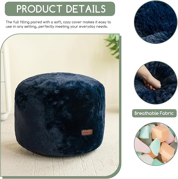 HIGOGOGO Pouf Stuffed Ottoman Round Modern Foam Filled Foot Rest Chair Decorative Poufs 20 x 15 Inches Fluffy Boho Comfy Stool for Living Room, Navy Blue