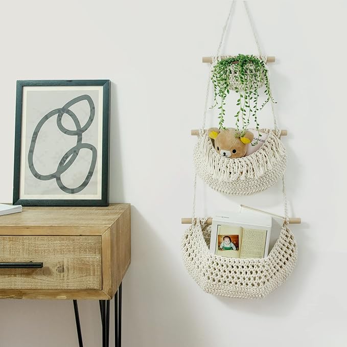 Hanging Fruit Basket,3 Tier Over The Door Organizer, Handmade Woven Cotton Rope Wall Hanging Baskets for Organizing, Boho Wall Basket Decor, Storage Baskets for Kitchen