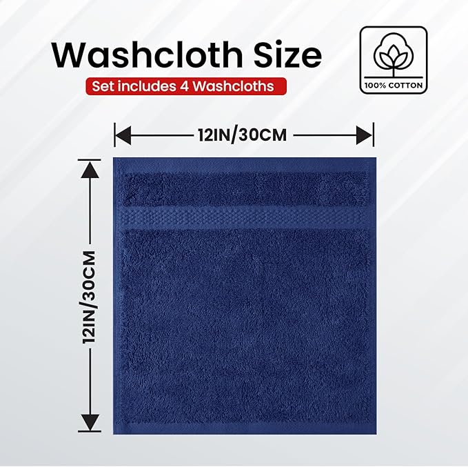Infinitee Xclusives Premium 100% Cotton Wash Cloths for Showering - Pack of 4, (12x12) Inches - Highly Absorbent, Soft Face Towels, Washcloths Perfect for Bathroom, Hotel, Gym |Tranquil Navy|