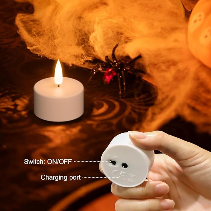 DRomance Rechargeable Flameless Votive Candles with Remote and Timer, 12 Pcs Battery Operated Flickering White Plastic LED Tea Light Candles Charge Base Halloween Christmas Holiday Decor(1.6" x 1.9")